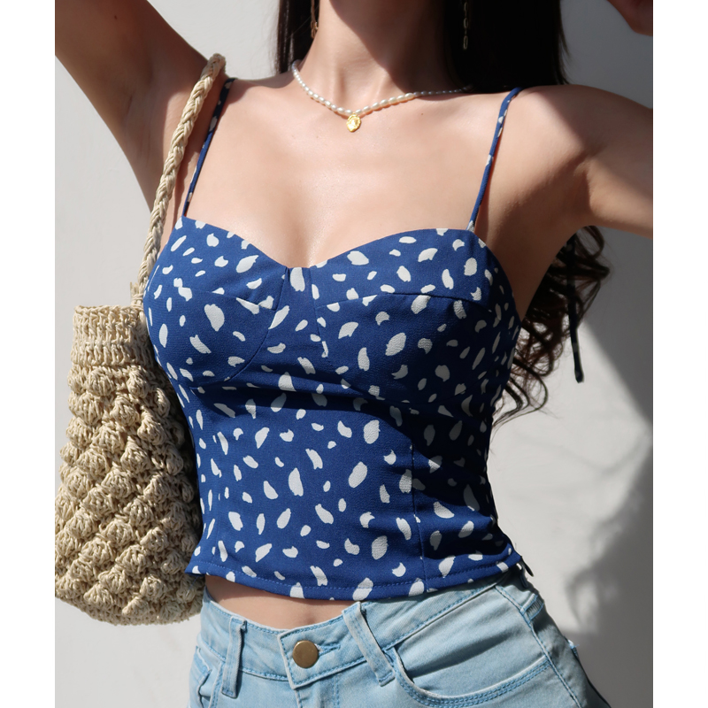 Dark Blue Printed V-Neck Tie-Back Tank Top for Women - Versatile Wrap Style, Sexy European American Fashion Dark Blue Printed V-Neck Tie-Back Tank Top for Women - Versatile Wrap Style, Sexy European American Fashion