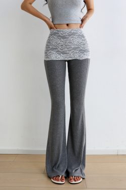 Dark Gray Sexy Slimming Leggings with Lace Trim and Flare - Yoga Base Pants for Stylish Athleisure and 90s-Inspired Fashion