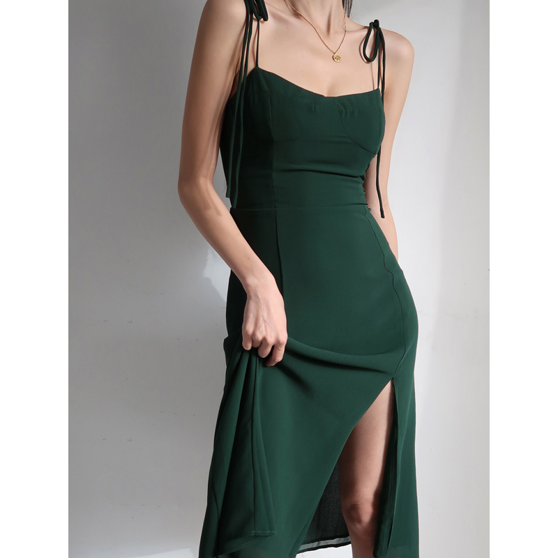 Dark Green High-Waisted Spaghetti Strap Dress - Vintage French Style, Sexy Waist-Cinching, Side Slit Tie-Up Sundress for Beach Vacation Dark Green High-Waisted Spaghetti Strap Dress - Vintage French Style, Sexy Waist-Cinching, Side Slit Tie-Up Sundress for Beach Vacation