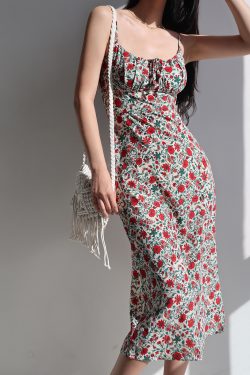 Dark Green Low-Cut Fitted Spaghetti Strap A-Line Dress with French Oil Painting Girl Design - Sexy Slimming Style