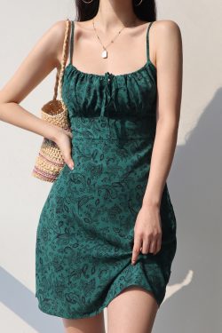 Dark Green Low-Cut Fitted Spaghetti Strap A-Line Dress with French Oil Painting Girl Design - Sexy Slimming Style