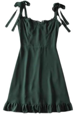 Dark Green Spaghetti Strap Mini Dress with Ruffled Waist, Retro A-Line Style for Girls, Sexy Summer Fashion
