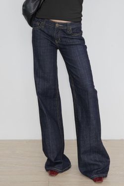 Deep Blue Vintage Wide-Leg Jeans for Women - Embroidered Loose Casual Straight-Leg Draped Pants - 90s Style Fashion