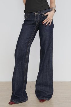 Deep Blue Vintage Wide-Leg Jeans for Women - Embroidered Loose Casual Straight-Leg Draped Pants - 90s Style Fashion