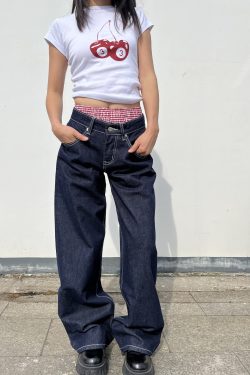 Deep Blue Wide-Leg Low-Waist Jeans for Women - Retro Slimming Loose Straight Pants, 90s Style Heavy Industry Fashion