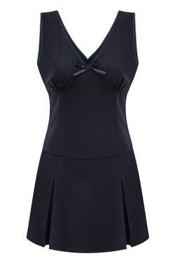 Deep V-Neck Waist-Cinching A-Line Tank Dress - Pleated Short Skirt in European American College Style for Summer