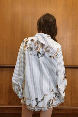 Destroyed Burnt Lace Embroidery Vintage Striped Long Sleeve Shirt - High-End 90s Y2K Inspired Fashion Top