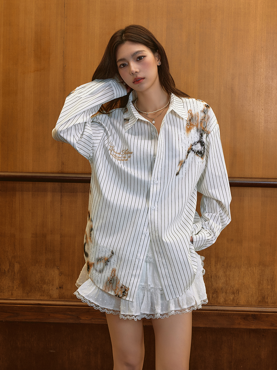 Destroyed Burnt Lace Embroidery Vintage Striped Long Sleeve Shirt - High-End 90s Y2K Inspired Fashion Top Destroyed Burnt Lace Embroidery Vintage Striped Long Sleeve Shirt - High-End 90s Y2K Inspired Fashion Top