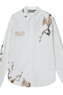 Destroyed Burnt Lace Embroidery Vintage Striped Long Sleeve Shirt - High-End 90s Y2K Inspired Fashion Top