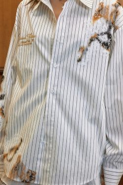 Destroyed Burnt Lace Embroidery Vintage Striped Long Sleeve Shirt - High-End 90s Y2K Inspired Fashion Top