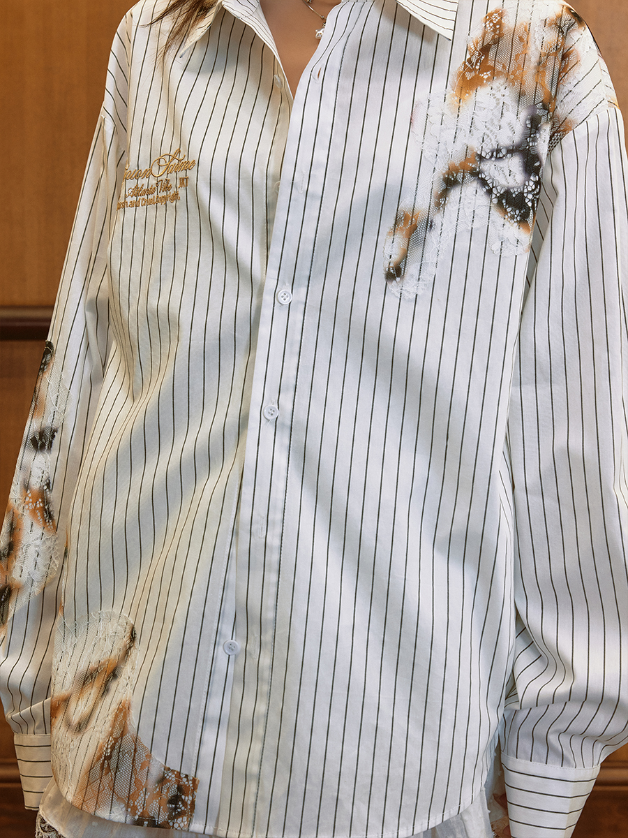 Destroyed Burnt Lace Embroidery Vintage Striped Long Sleeve Shirt - High-End 90s Y2K Inspired Fashion Top Destroyed Burnt Lace Embroidery Vintage Striped Long Sleeve Shirt - High-End 90s Y2K Inspired Fashion Top