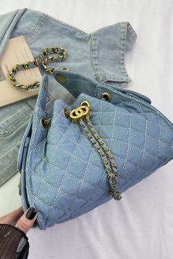 Diamond-Pattern Chain Small Bucket Bag - Trendy 2025 Summer Women's Drawstring Shoulder Bag with Large Capacity