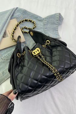 Diamond-Pattern Chain Small Bucket Bag - Trendy 2025 Summer Women's Drawstring Shoulder Bag with Large Capacity