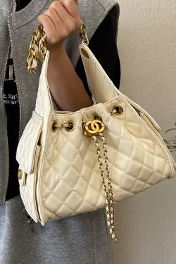 Diamond-Pattern Chain Small Bucket Bag - Trendy 2025 Summer Women's Drawstring Shoulder Bag with Large Capacity