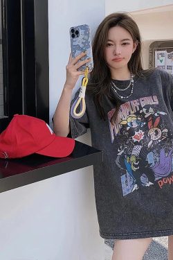 Distressed American Retro Powerpuff Girls Short Sleeve T-Shirt for Women - Trendy Casual Loose Fit Top