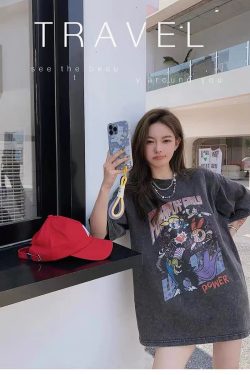 Distressed American Retro Powerpuff Girls Short Sleeve T-Shirt for Women - Trendy Casual Loose Fit Top