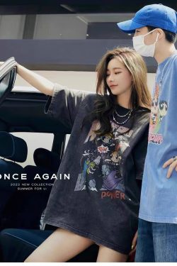 Distressed American Retro Powerpuff Girls Short Sleeve T-Shirt for Women - Trendy Casual Loose Fit Top