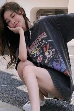 Distressed American Retro Powerpuff Girls Short Sleeve T-Shirt for Women - Trendy Casual Loose Fit Top