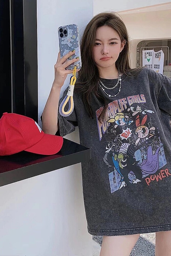 Distressed American Retro Powerpuff Girls Short Sleeve T-Shirt for Women - Trendy Casual Loose Fit Top