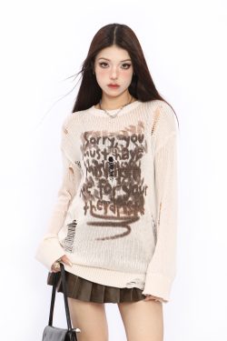 Distressed Hollow-Out Knitted Top for Women - American Style Long Sleeve Sun Protection Cover-Up - Summer Spicy Girl Fashion