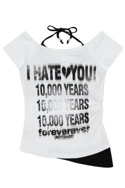 Distressed Letter Off-Shoulder Halter Two-Piece Summer T-Shirt - Slim Fit Women's Short Sleeve Top - 90s Inspired Fashion