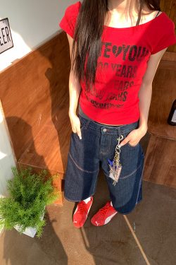 Distressed Letter Off-Shoulder Halter Two-Piece Summer T-Shirt - Slim Fit Women's Short Sleeve Top - 90s Inspired Fashion