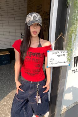 Distressed Letter Off-Shoulder Halter Two-Piece Summer T-Shirt - Slim Fit Women's Short Sleeve Top - 90s Inspired Fashion