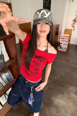 Distressed Letter Off-Shoulder Halter Two-Piece Summer T-Shirt - Slim Fit Women's Short Sleeve Top - 90s Inspired Fashion