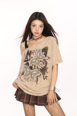 Distressed Patch Butterfly Off-Shoulder Short Sleeve T-Shirt for Women - Summer 90s Style Sweet and Cool Top