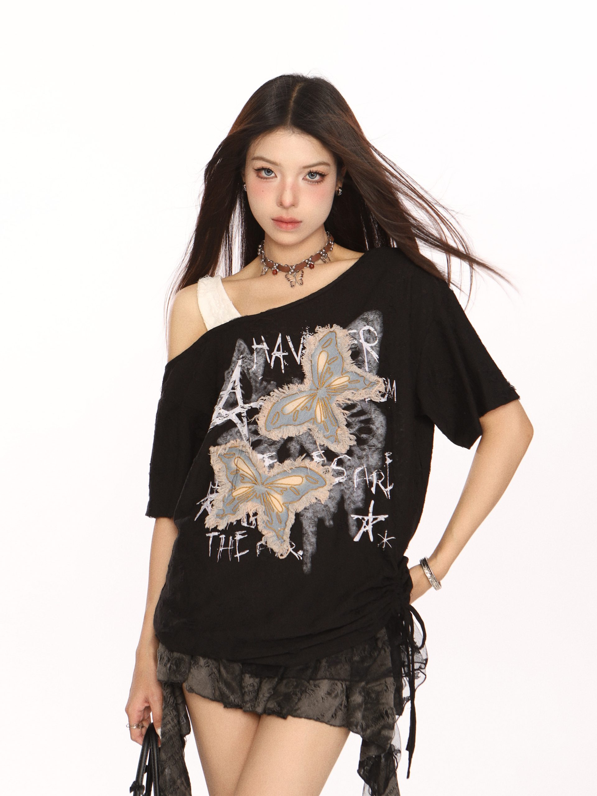 Distressed Patch Butterfly Off-Shoulder Short Sleeve T-Shirt for Women - Summer 90s Style Sweet and Cool Top Distressed Patch Butterfly Off-Shoulder Short Sleeve T-Shirt for Women - Summer 90s Style Sweet and Cool Top