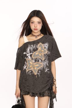 Distressed Patch Butterfly Off-Shoulder Short Sleeve T-Shirt for Women - Summer 90s Style Sweet and Cool Top