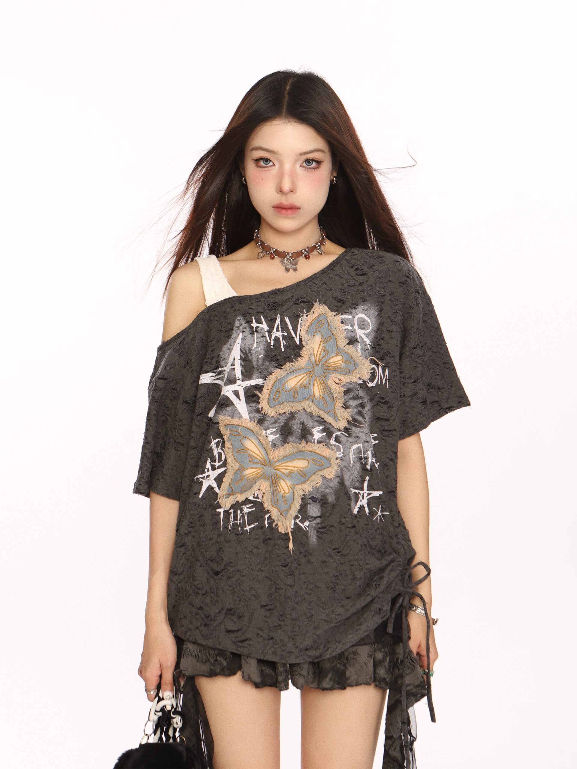 Distressed Patch Butterfly Off-Shoulder Short Sleeve T-Shirt for Women - Summer 90s Style Sweet and Cool Top Distressed Patch Butterfly Off-Shoulder Short Sleeve T-Shirt for Women - Summer 90s Style Sweet and Cool Top