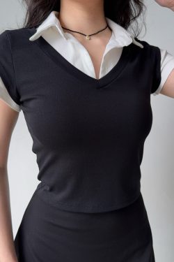 DIY American Retro Design Fake Two-Piece Lapel Short Sleeve T-Shirt for Women - Slim Fit Vintage Y2K Style Top