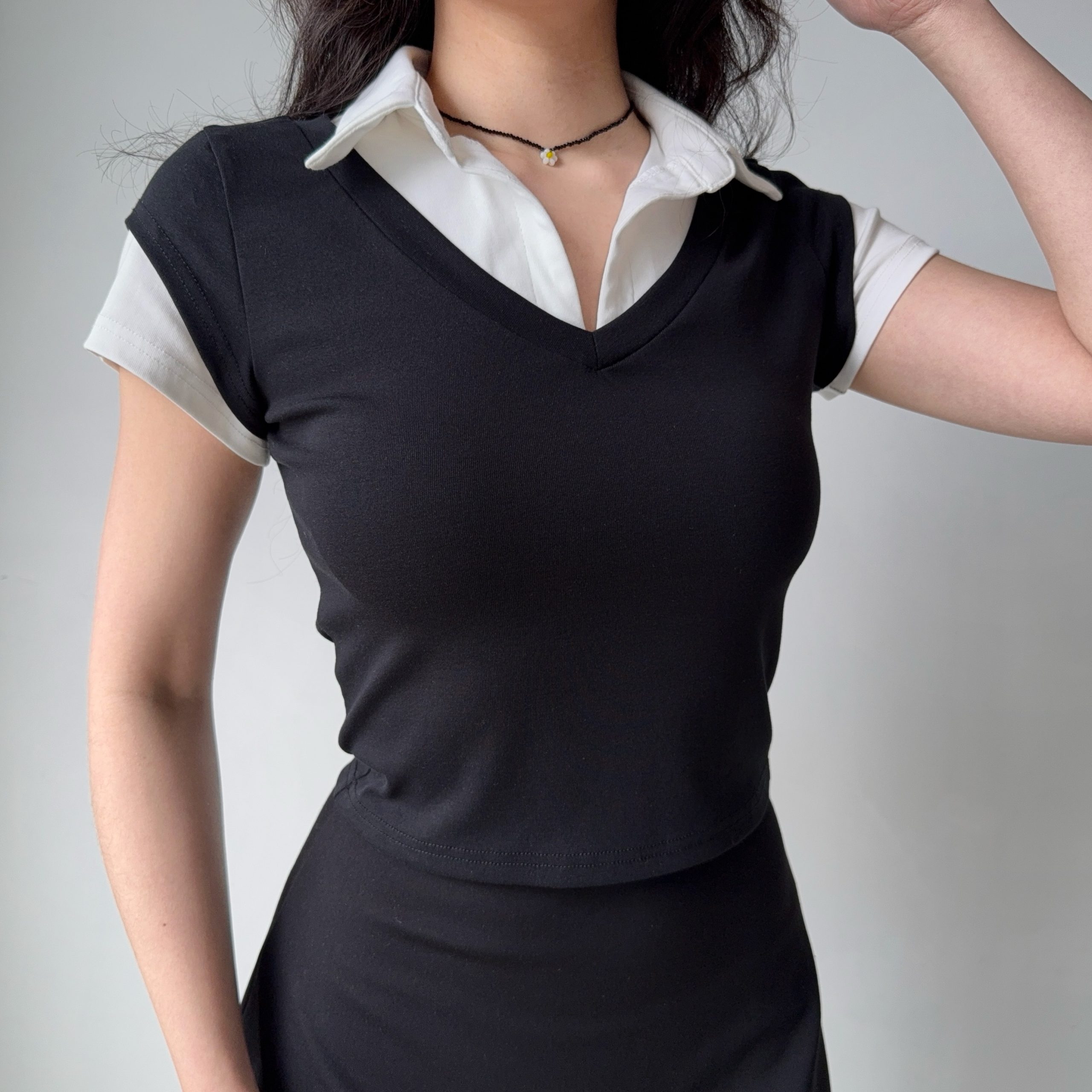 DIY American Retro Design Fake Two-Piece Lapel Short Sleeve T-Shirt for Women - Slim Fit Vintage Y2K Style Top DIY American Retro Design Fake Two-Piece Lapel Short Sleeve T-Shirt for Women - Slim Fit Vintage Y2K Style Top