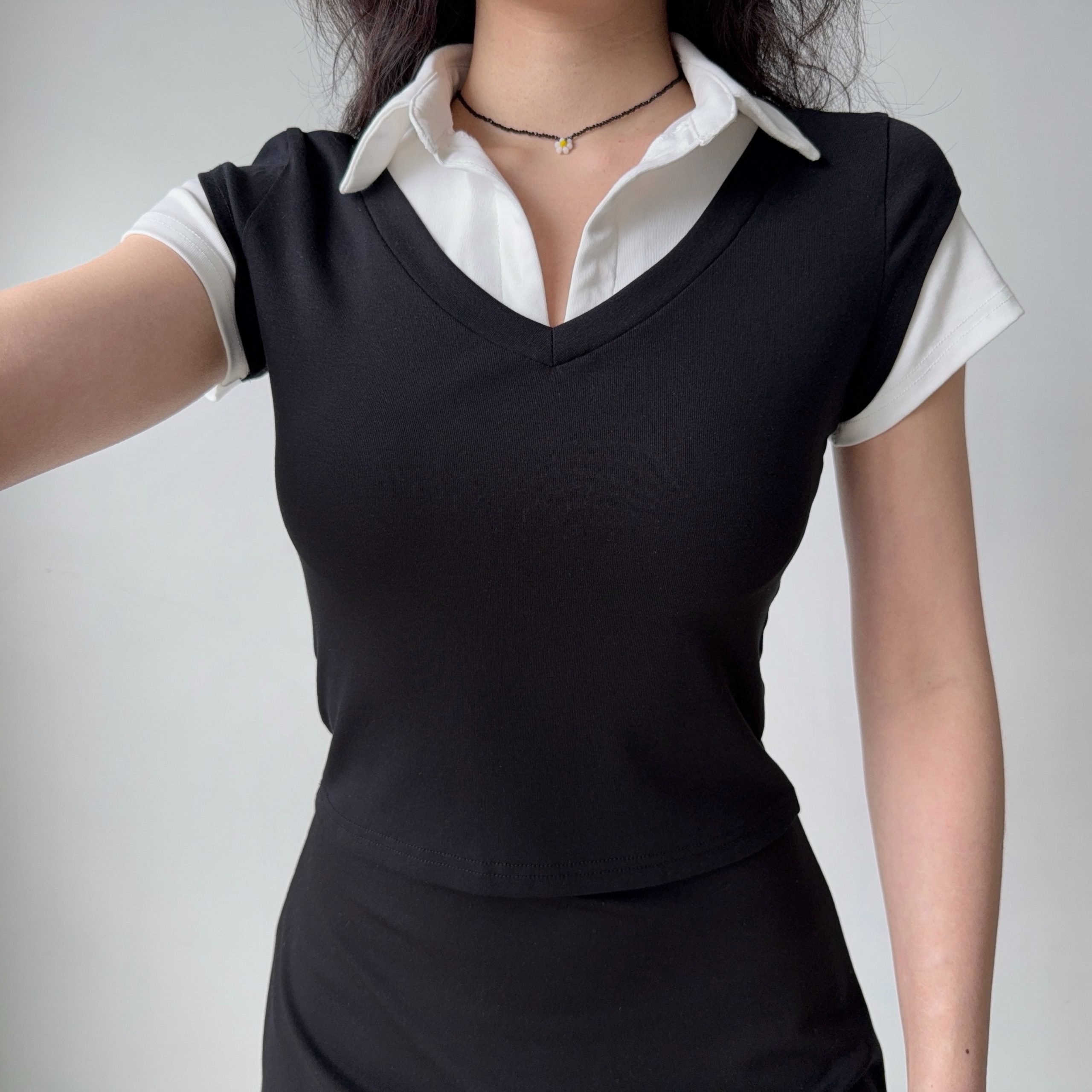 DIY American Retro Design Fake Two-Piece Lapel Short Sleeve T-Shirt for Women - Slim Fit Vintage Y2K Style Top DIY American Retro Design Fake Two-Piece Lapel Short Sleeve T-Shirt for Women - Slim Fit Vintage Y2K Style Top