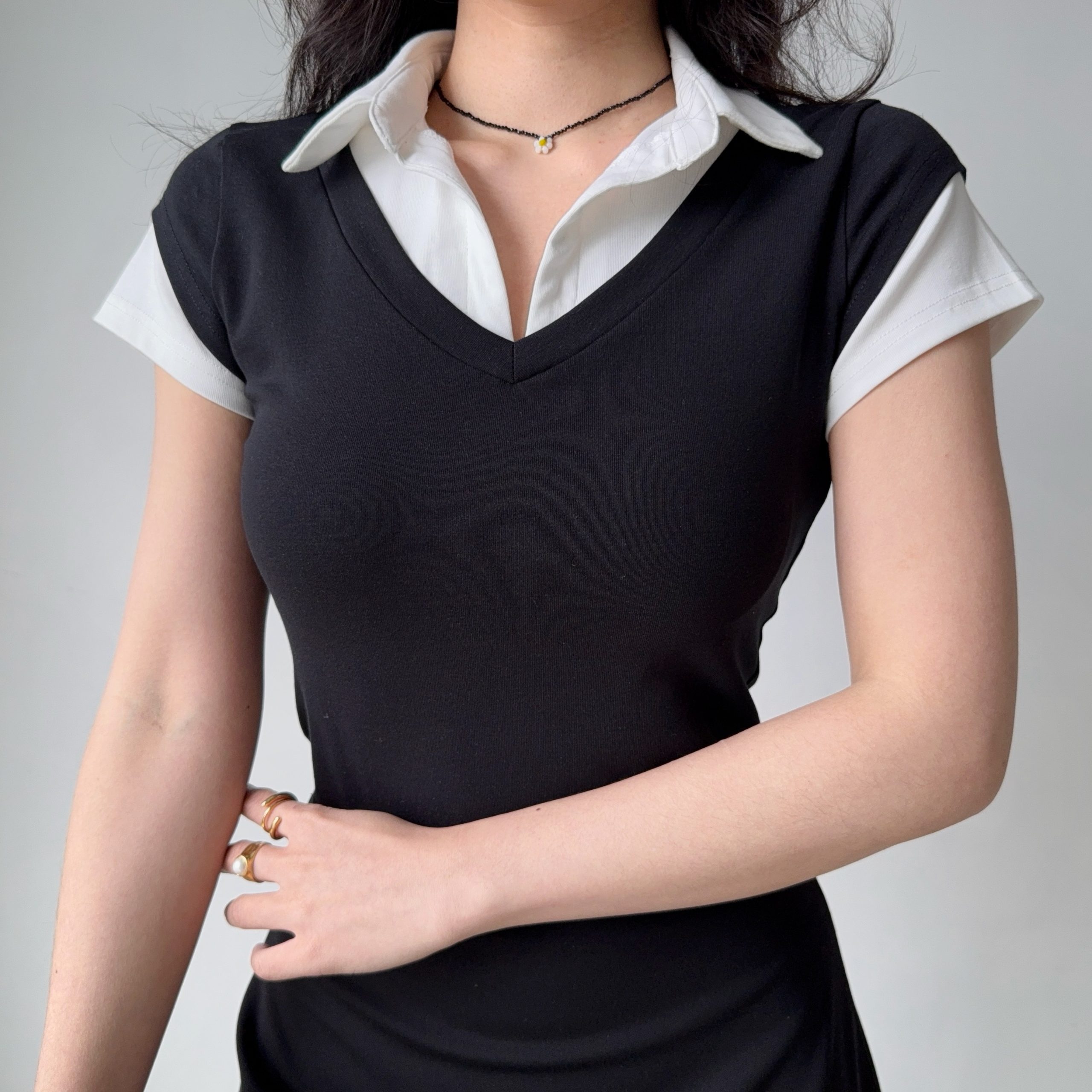 DIY American Retro Design Fake Two-Piece Lapel Short Sleeve T-Shirt for Women - Slim Fit Vintage Y2K Style Top DIY American Retro Design Fake Two-Piece Lapel Short Sleeve T-Shirt for Women - Slim Fit Vintage Y2K Style Top