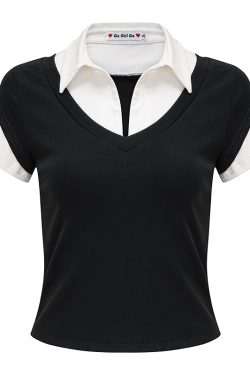 DIY American Retro Design Fake Two-Piece Lapel Short Sleeve T-Shirt for Women - Slim Fit Vintage Y2K Style Top