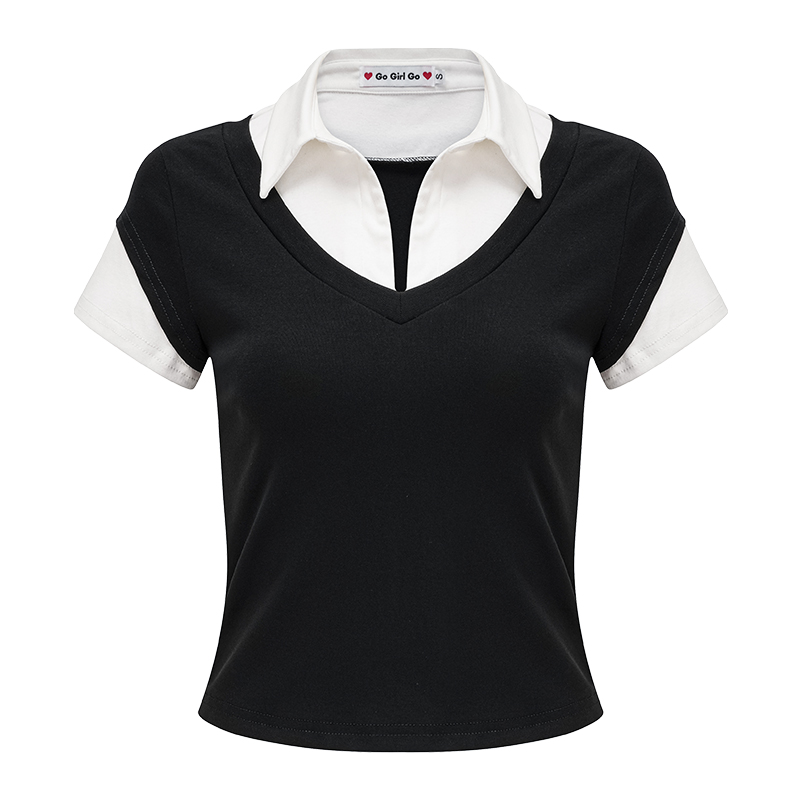 DIY American Retro Design Fake Two-Piece Lapel Short Sleeve T-Shirt for Women - Slim Fit Vintage Y2K Style Top DIY American Retro Design Fake Two-Piece Lapel Short Sleeve T-Shirt for Women - Slim Fit Vintage Y2K Style Top