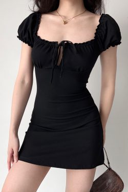 DIY American Vintage Black Dress with Hollow Lace-Up and Puff Sleeves - Women's A-Line Short Skirt, Y2K Fashion