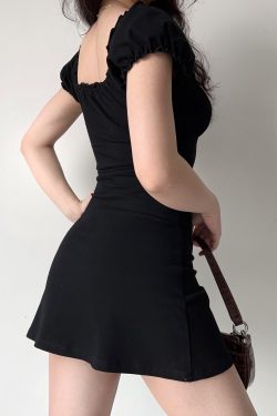 DIY American Vintage Black Dress with Hollow Lace-Up and Puff Sleeves - Women's A-Line Short Skirt, Y2K Fashion