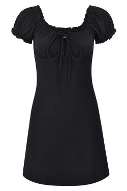 DIY American Vintage Black Dress with Hollow Lace-Up and Puff Sleeves - Women's A-Line Short Skirt, Y2K Fashion