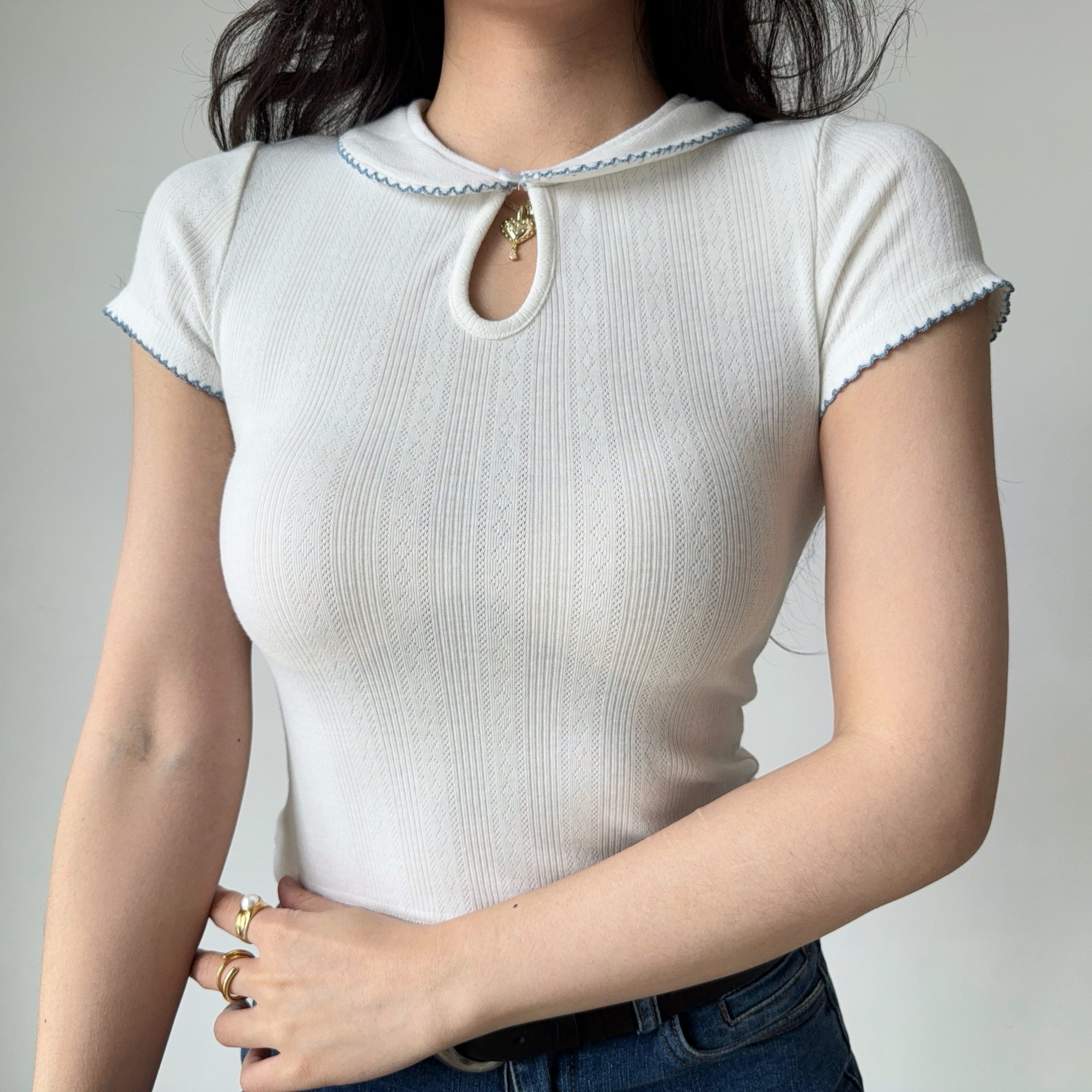 DIY American Vintage Doll Collar White Short Sleeve T-Shirt for Women - Summer Slim Fit Y2K Style Top DIY American Vintage Doll Collar White Short Sleeve T-Shirt for Women - Summer Slim Fit Y2K Style Top