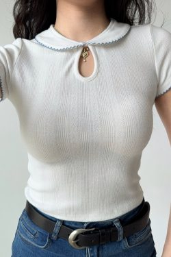 DIY American Vintage Doll Collar White Short Sleeve T-Shirt for Women - Summer Slim Fit Y2K Style Top