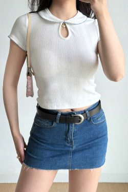 DIY American Vintage Doll Collar White Short Sleeve T-Shirt for Women - Summer Slim Fit Y2K Style Top