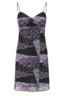 DIY American Vintage Floral Patchwork Mesh V-Neck Spaghetti Strap Dress - Women's Summer Slim Short Skirt, Y2K Style