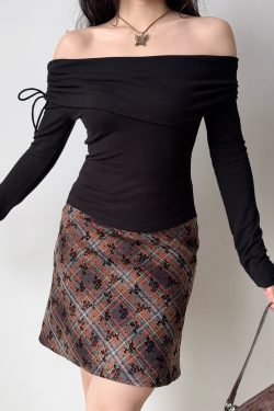 DIY American Vintage Floral Plaid Midi Skirt - Women's High Waist Bodycon Fashion Skirt, Y2K Style