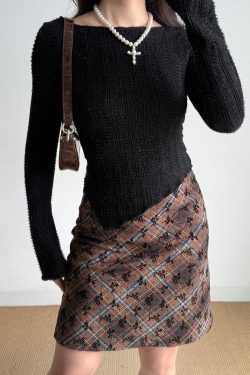 DIY American Vintage Floral Plaid Midi Skirt - Women's High Waist Bodycon Fashion Skirt, Y2K Style