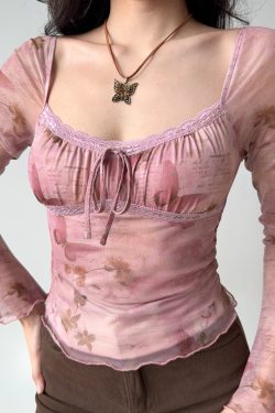DIY American Vintage Printed Mesh U-Neck Long Sleeve T-Shirt for Women - Pink 90s Style Short Top for Early Spring