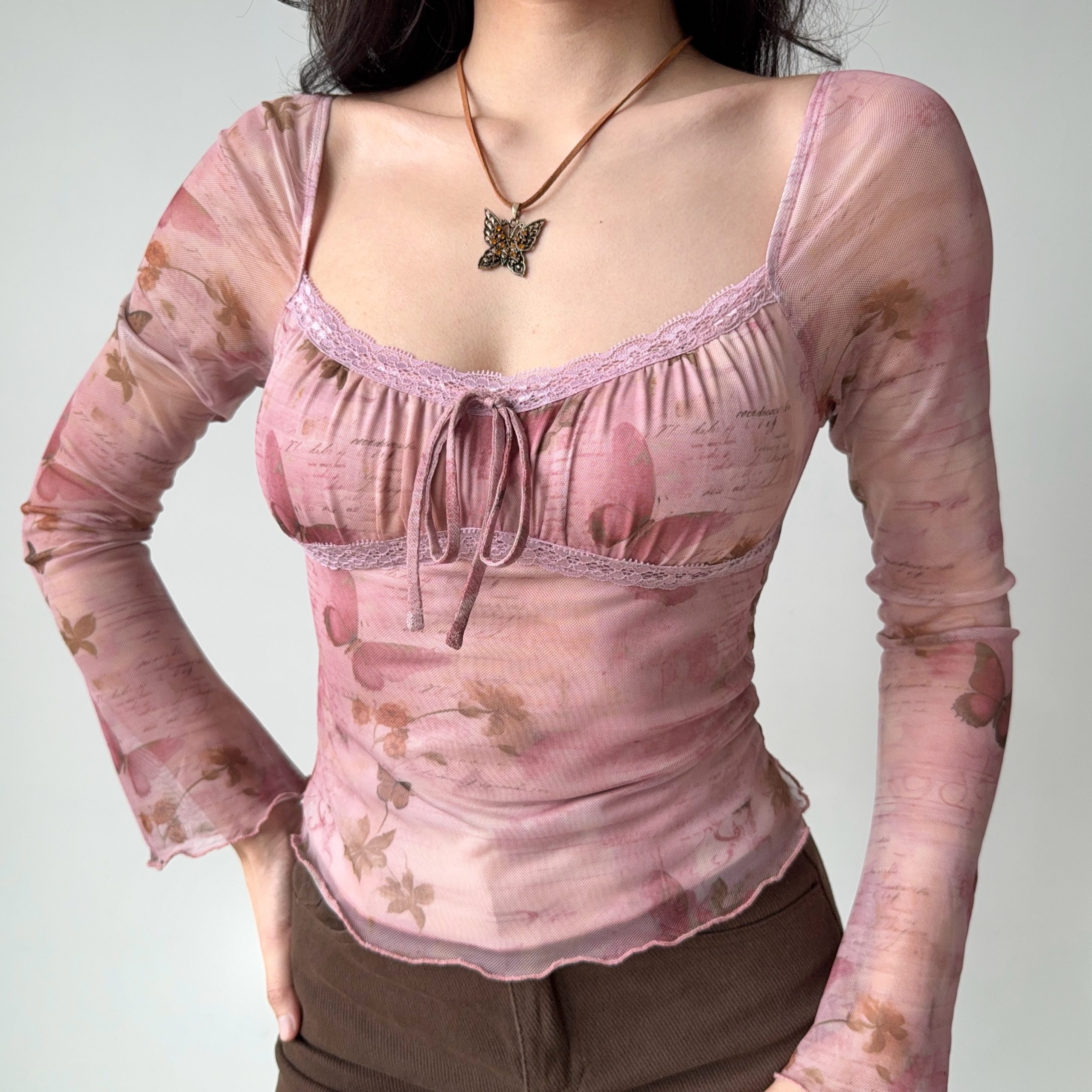 DIY American Vintage Printed Mesh U-Neck Long Sleeve T-Shirt for Women - Pink 90s Style Short Top for Early Spring DIY American Vintage Printed Mesh U-Neck Long Sleeve T-Shirt for Women - Pink 90s Style Short Top for Early Spring