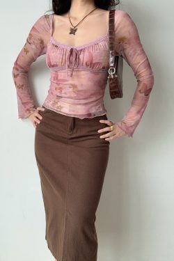 DIY American Vintage Printed Mesh U-Neck Long Sleeve T-Shirt for Women - Pink 90s Style Short Top for Early Spring